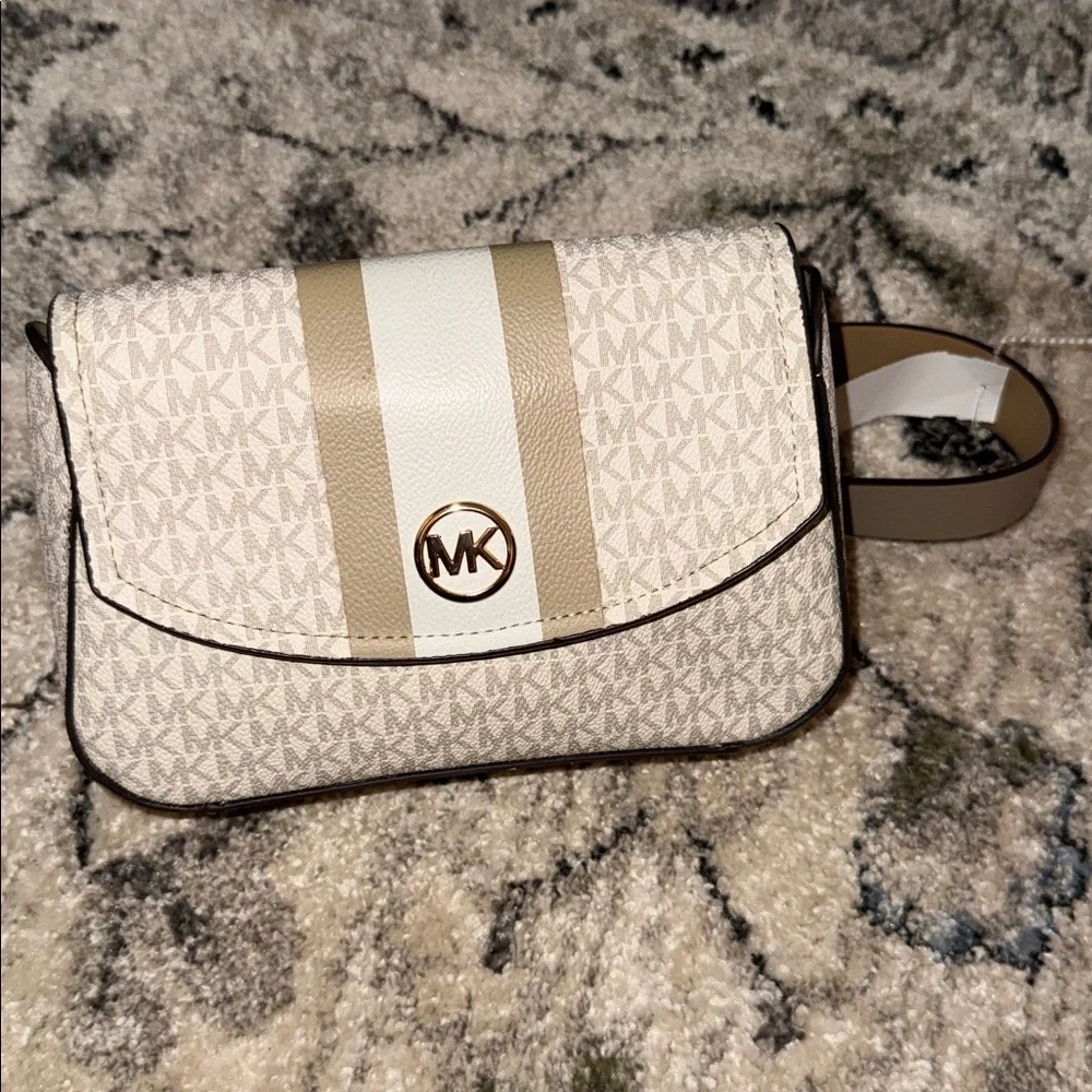 Michael Kors White and Taupe Monogram Crossbody Belt Bag
